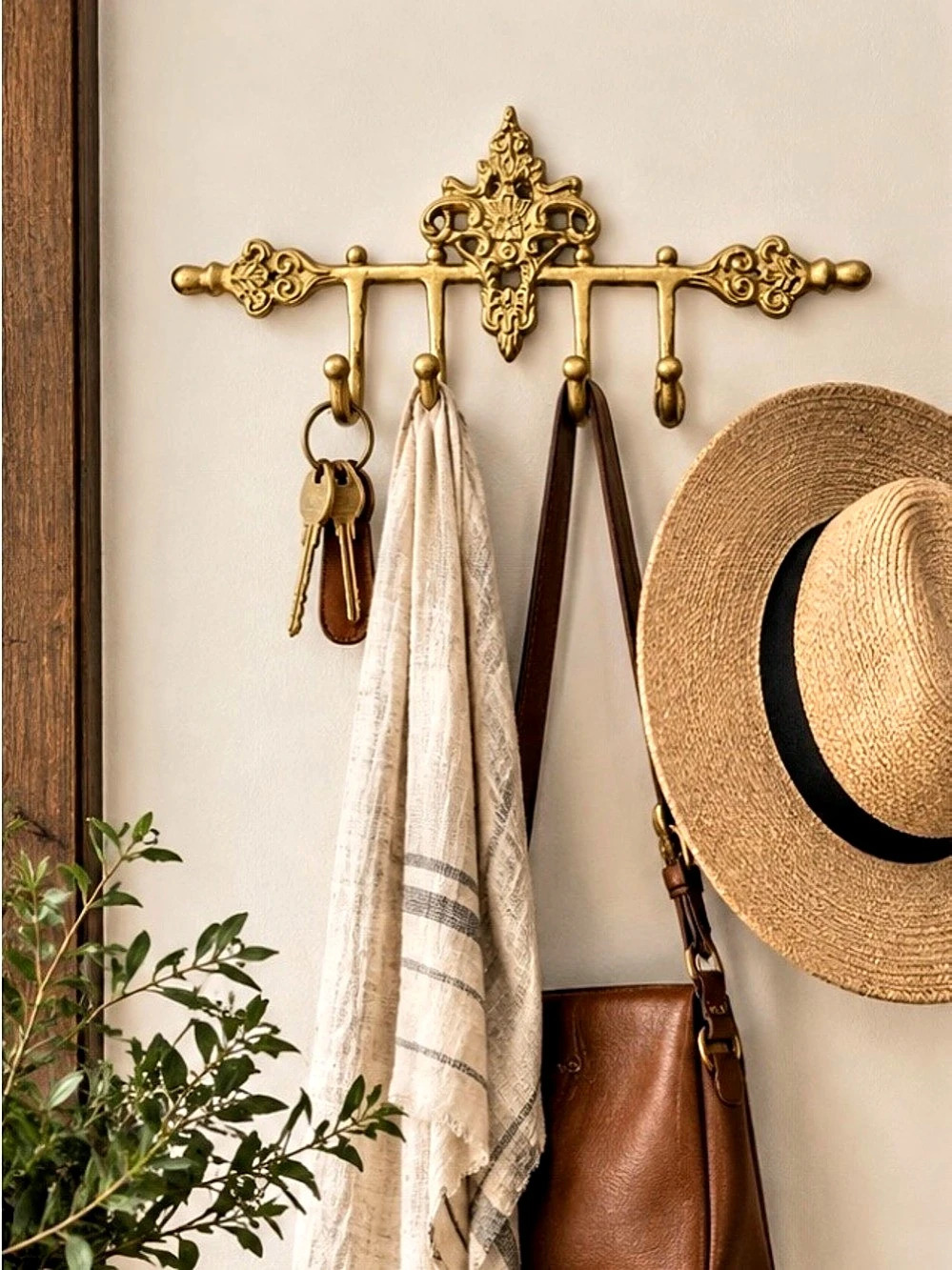Ornate Vintage Style Gold Brass Tone Cast Metal Wall Hook Rack 4 Hooks 15”
